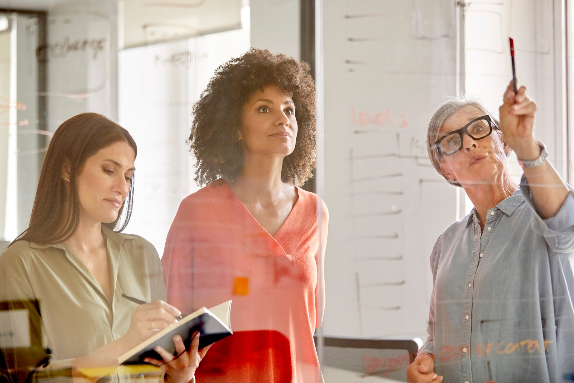 Businesswomen Discussing Plan On Glass Wall