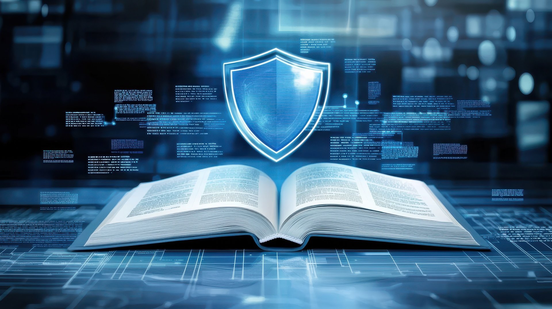 Shield Icon Over Open Book Symbolizing Information Security And Knowledge. This Digital Representation Highlights Importance Of Protecting Data In Modern Context